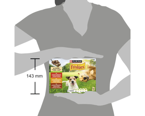 Pachet de hrană pentru câini Purina Friskies în sos, 12 bucăți, cu o înălțime de 143 milimetri.