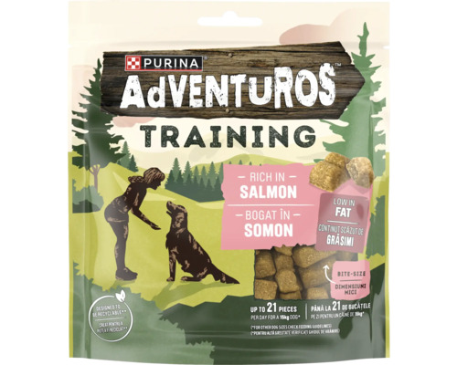 Purina Logo pe recompense dresaj Purina Adventuros cu somon, conținut scăzut de grăsimi, bucăți mici, ambalaj reciclabil cu scenă de dresaj.
