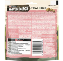 Partea din spate a ambalajului recompenselor pentru câini Purina Adventuros Training cu somon, 115 grame, inclusiv ghid de hrănire și ingrediente.