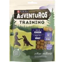 Recompense pentru câini Purina Adventuros Training cu aromă de vânat, conținut scăzut de grăsimi, bucățele mici, ambalaj reciclabil.