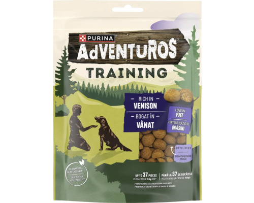Recompense pentru câini Purina Adventuros Training cu aromă de vânat, conținut scăzut de grăsimi, bucățele mici, ambalaj reciclabil.