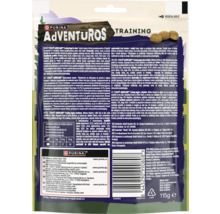 Spatele ambalajului resigilabil de 115 grame al recompenselor Purina Adventuros Training cu ingrediente și Purina Logo.