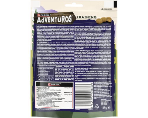 Spatele ambalajului resigilabil de 115 grame al recompenselor Purina Adventuros Training cu ingrediente și Purina Logo.