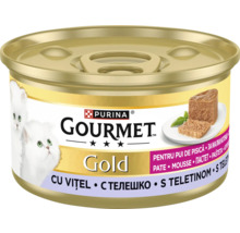 Hrană pentru pui de pisică Purina Gourmet Gold pateu cu vițel în conservă.