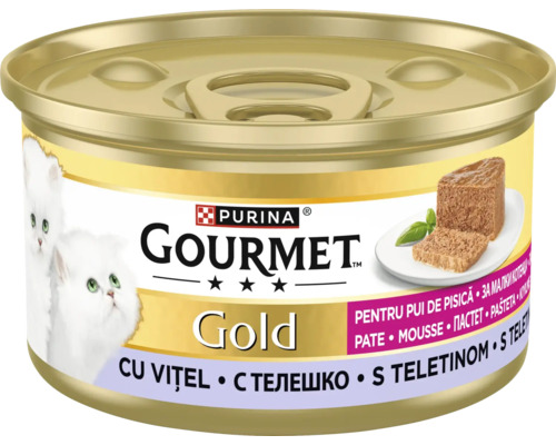 Hrană pentru pui de pisică Purina Gourmet Gold pateu cu vițel în conservă.