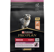 Purina Pro Plan Medium Puppy Sensitive Skin hrană uscată pentru căței cu somon sub un an, conținut ridicat de proteine, ambalaj reciclabil.