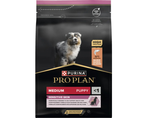 Purina Pro Plan Medium Puppy Sensitive Skin hrană uscată pentru căței cu somon sub un an, conținut ridicat de proteine, ambalaj reciclabil.