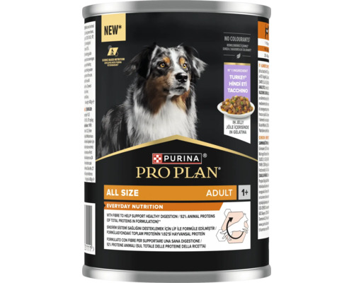Purina Pro Plan Hrană câini adulți toate taliile cu curcan în jeleu, 400 grame, digestie sănătoasă și 92 la sută proteine animale.