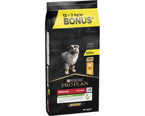 Hrană uscată pentru căței Purina Pro Plan Medium Puppy Healthy Start cu pui, sac de 14 kilograme și sigla Purina.