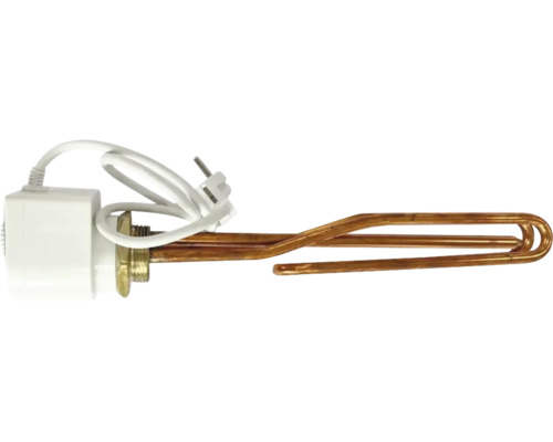 Element de încălzire electric cu tijă din cupru, carcasă albă, termostat și cablu de alimentare.