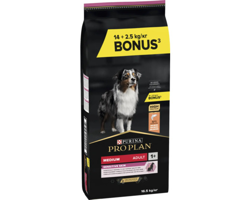 Hrană uscată pentru câini Purina Pro Plan Medium Adult Sensitive Skin cu somon, pachet bonus 16.5 kilograme.