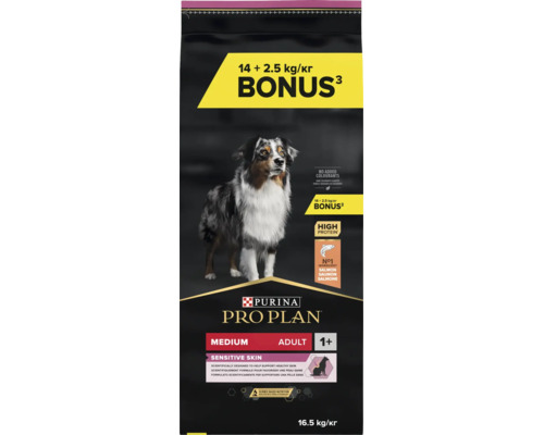 Purina Pro Plan hrană uscată pentru câini adulți de talie medie, Sensitive Skin cu somon, pachet bonus 14 plus 2,5 kilograme.