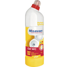 Misavan gel pentru toaletă cu clor, flacon alb de 1 litru pentru curățare, strălucire, igienizare și parfumare.