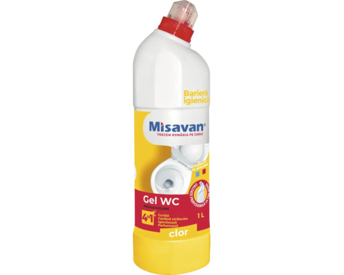 Misavan gel pentru toaletă cu clor, flacon alb de 1 litru pentru curățare, strălucire, igienizare și parfumare.