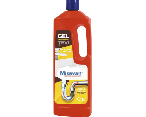Gel pentru desfundat țevi Misavan în flacon de 1 litru pentru curățarea eficientă a conductelor și scurgerilor.