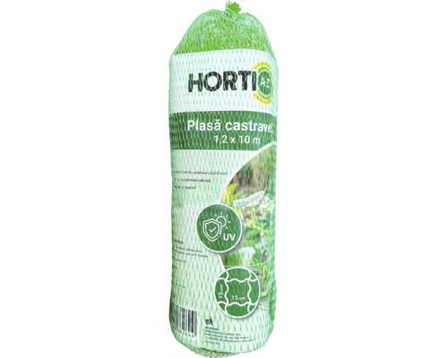 Plasă pentru castraveți Horti A-Z, 1,2 pe 10 metri, dimensiune ochi 15 pe 15 centimetri, rezistentă la ultraviolet.