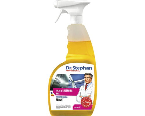 Soluție lustruire inox Dr. Stephan Professional Bright, 750 mililitri, flacon cu pulverizator pentru curățarea suprafețelor din inox.