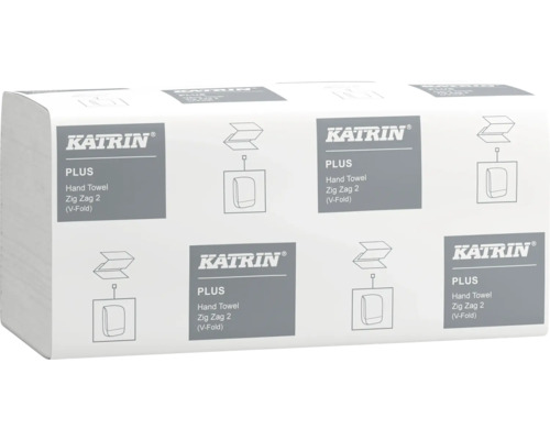 Prosoape de mâini din hârtie Katrin Plus Zig Zag 2 cu pliere în V în ambalaj.