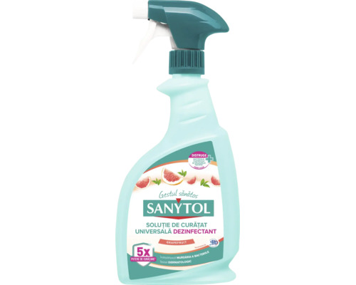 Sanytol soluție de curățat universală și dezinfectant spray grapefruit, contra bacteriilor, ciupercilor și virusurilor, testat dermatologic, fără clor.