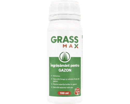 Îngrășământ organic pentru gazon Grass Max, flacon de 100 mililitri, 100 la sută organic.