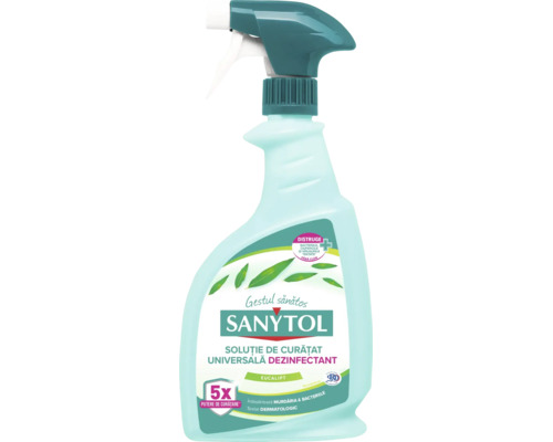 Soluție de curățat universală și dezinfectant Sanytol cu miros de eucalipt, fără clor, elimină bacteriile, ciupercile și virusurile.