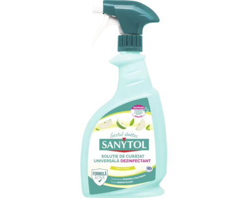 Soluție de curățat universală dezinfectant Sanytol în flacon cu pulverizator, parfum de măr verde.