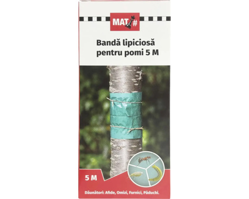 Bandă lipicioasă pentru pomi MAT 5 metri pentru combaterea furnicilor, omizilor și păduchilor. MAT Logo.