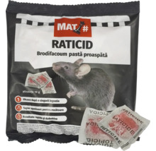 Raticid MAT# Brodifacoum pastă proaspătă în pliculețe de 10 grame pentru combaterea eficientă a rozătoarelor.