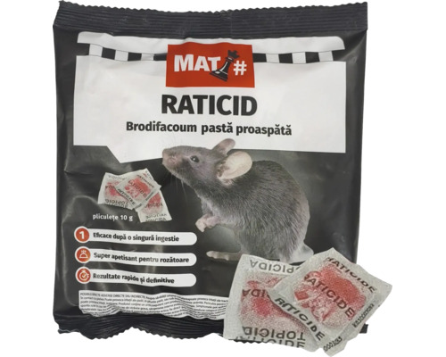 Raticid MAT# Brodifacoum pastă proaspătă în pliculețe de 10 grame pentru combaterea eficientă a rozătoarelor.