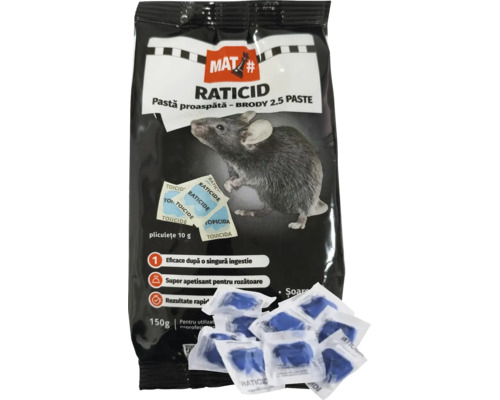 Raticid pastă proaspătă MAT Brody 2.5, pachet de 150 grame cu pliculețe de 10 grame, eficient după o singură ingerare.