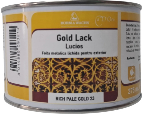 Lac auriu lucios Borma Wachs, foiță metalică lichidă pentru exterior, nuanță Rich Pale Gold 23, 375 mililitri.