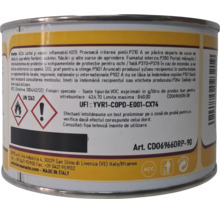 Etichetă pe o cutie metalică cu avertismente de siguranță, simboluri pentru inflamabilitate și avertizare, și numărul articolului CD069660RP-90.