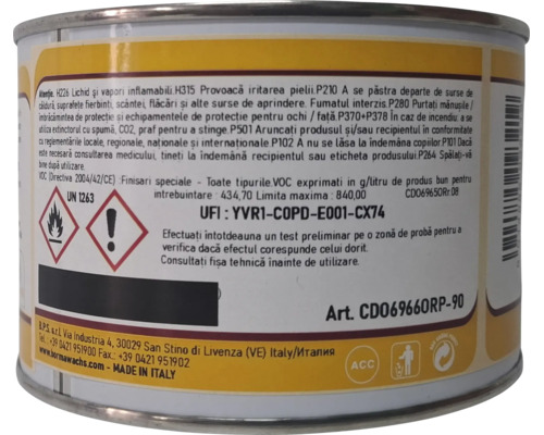 Etichetă pe o cutie metalică cu avertismente de siguranță, simboluri pentru inflamabilitate și avertizare, și numărul articolului CD069660RP-90.