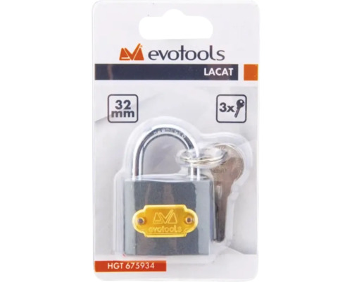 Lacăt Evotools 32 milimetri cu bridă călită și 3 chei.