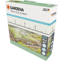Set de irigare prin picurare Gardena Micro-Drip-System pentru straturi de legume și flori de până la 40 de metri pătrați, fabricat în Germania. Gardena Logo.