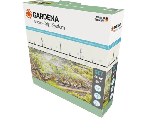 Set de irigare prin picurare Gardena Micro-Drip-System pentru straturi de legume și flori de până la 40 de metri pătrați, fabricat în Germania. Gardena Logo.