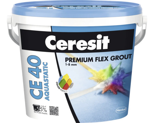 Chit de rosturi Ceresit CE 40 Aquastatic Premium Flex pentru lățimi de rosturi de la 1 până la 8 mm în găleată din 55 la sută plastic reciclat.
