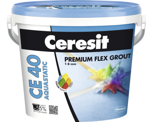 Chit de rosturi Ceresit CE 40 Aquastatic Premium Flex în găleată, rosturi 1 la 8 milimetri, din 55 la sută plastic reciclat, Henkel Logo.