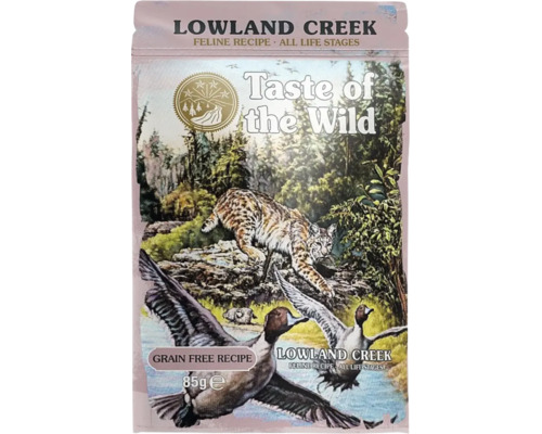 Taste of the Wild Lowland Creek hrană fără cereale pentru pisici de toate vârstele, plic de 85 grame cu un râs și rațe în natură.