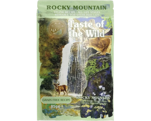 Hrană umedă pentru pisici Taste of the Wild Rocky Mountain, rețetă fără cereale pentru toate etapele vieții, plic de 85 grame.