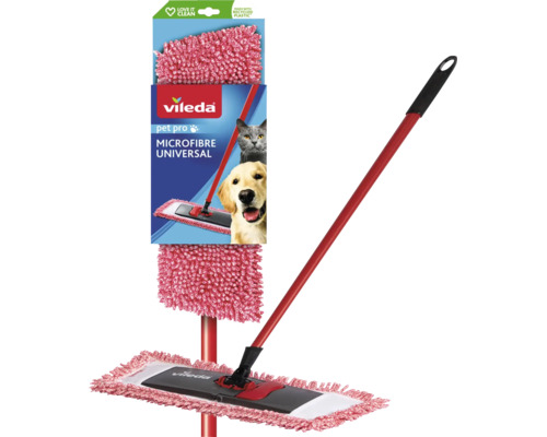 Mop Vileda Pet Pro cu rezervă din microfibră și coadă roșie inclusiv ambalajul produsului.