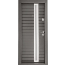 Ușă de securitate antracit cu toc, caneluri orizontale, element de design vertical, mâner, încuietoare și vizor.