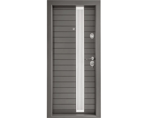Ușă de securitate antracit cu toc, caneluri orizontale, element de design vertical, mâner, încuietoare și vizor.