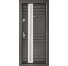 Ușă de intrare modernă de culoare antracit cu caneluri orizontale, element decorativ vertical, mâner, broască și vizor.