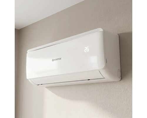 Unitate internă de aer condiționat de perete Vortex, albă, cu afișaj digital al temperaturii de 26 de grade.