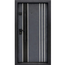 Ușă de intrare modernă, antracit, cu benzi verticale, mâner lung, set de mânere și vizor.