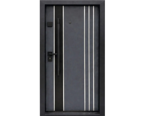 Ușă de intrare modernă, antracit, cu benzi verticale, mâner lung, set de mânere și vizor.