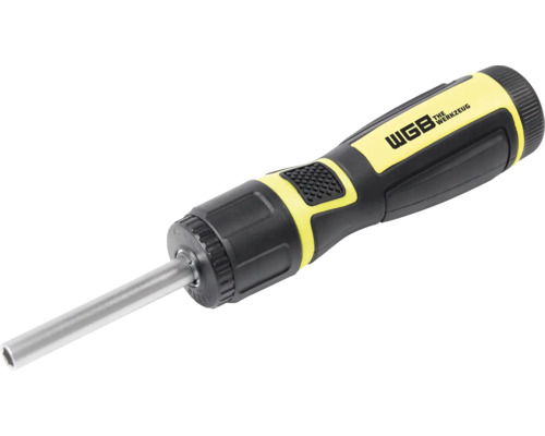 Șurubelniță cu clichet pentru biți WGB cu mâner ergonomic din plastic galben-negru.