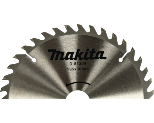 Pânză de ferăstrău circular Makita D-81309, 185 pe 30 milimetri, fabricată din metal cu dinți ascuțiți și fante de dilatare.