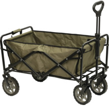 Cărucior de mână pliabil din pânză verde oliv cu cadru din metal negru, bară de tracțiune și patru roți.
